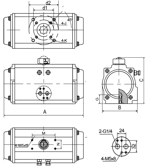 Эскиз присоединения Кран шаровой ALSO КШ.П.Р.065.25-01 Ду65 Ру25 стандартнопроходной, под приварку, корпус - углеродистая сталь 20, уплотнение - PTFE, управление - пневмопривод PA-DA-083