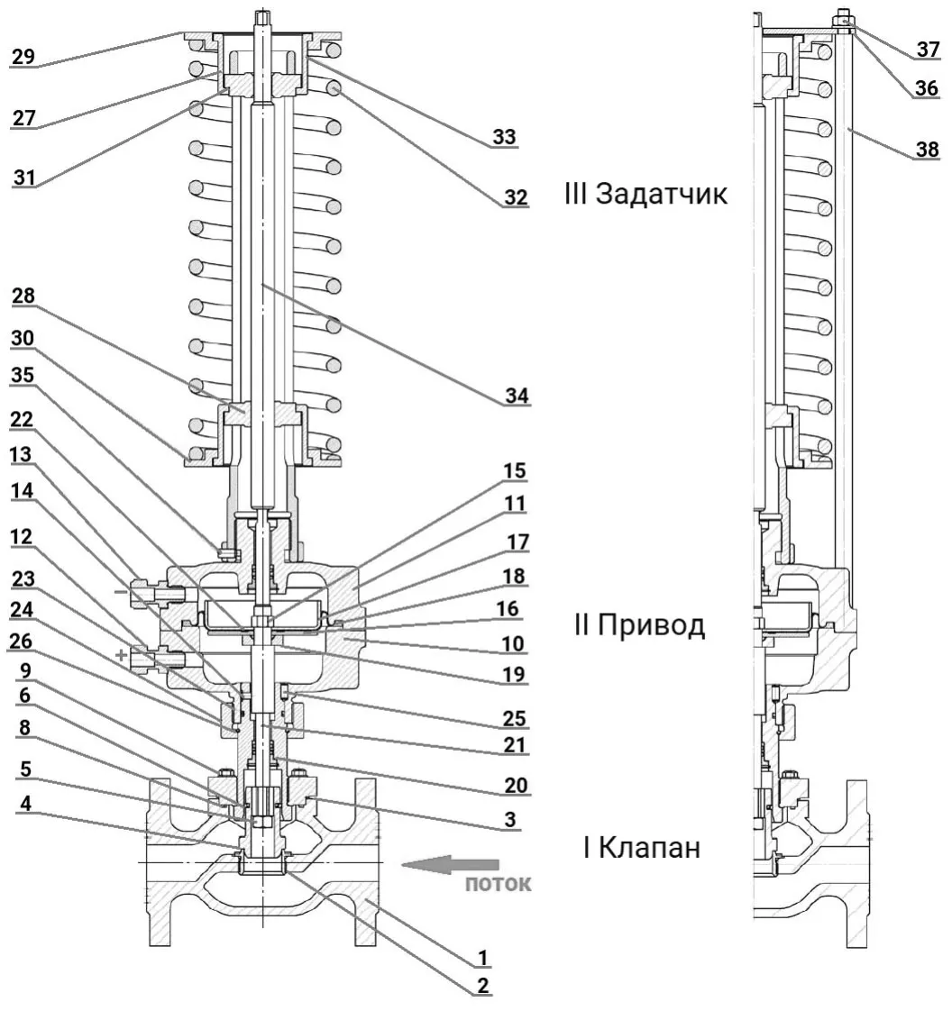 Регулятор давления до себя PRB1030N-F-DA Ду80 Ру16 Kvs40 прямого действия, серый чугун СЧ20, фланцевый, Tmax до 150°С, диапазон настройки 4 (6 - 12 кгс/см2)