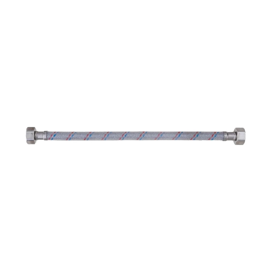 Гибкая подводка для воды AQUALINE Ру5 со стальными накидными гайками 1/2″, оплетка - нейлон с ПВХ-покрытием, длина - 0.8м, гайка / гайка, резьба внутренняя-внутренняя