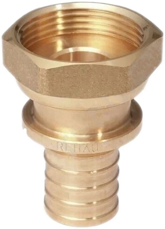 Переходник аксиальный РЕХАУ Rautitan RX+ Дн63х2 3/8″ Ру10 для труб из сшитого полиэтилена с накидной гайкой, корпус - бронза 14563461001